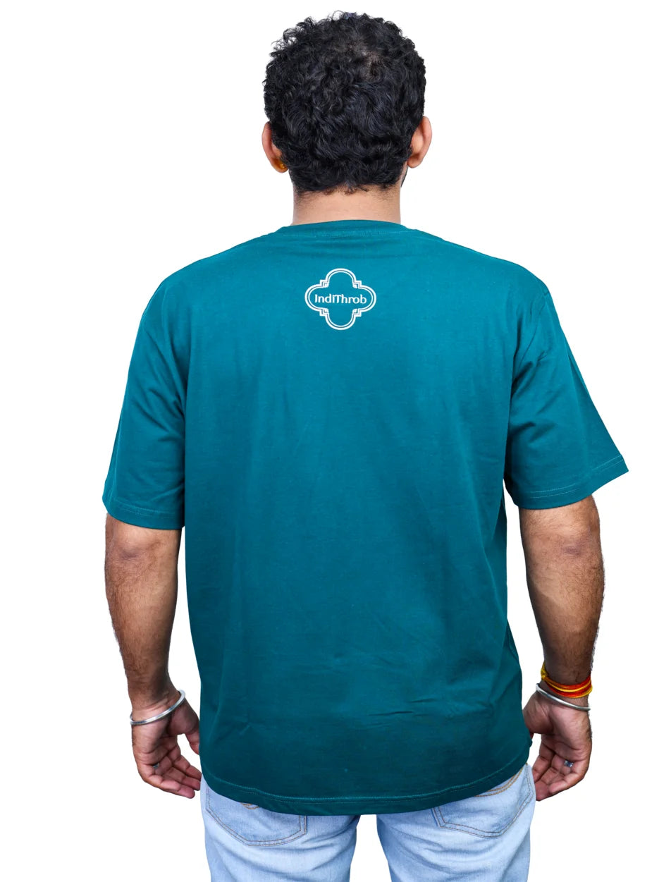 Lifestyle view of IndiThrob Tea Pot green oversized T-shirt on model