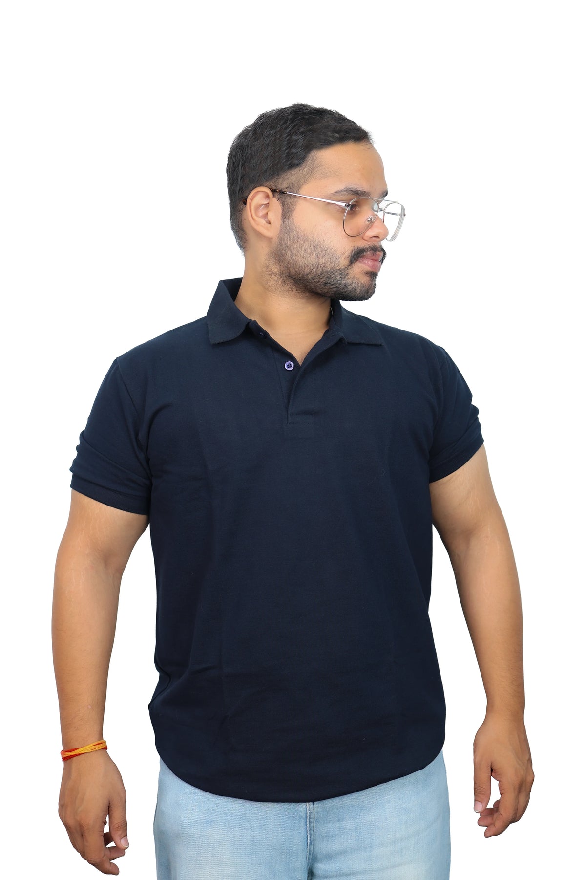 IndiThrob navy blue cotton lycra polo T-shirt front view on male model