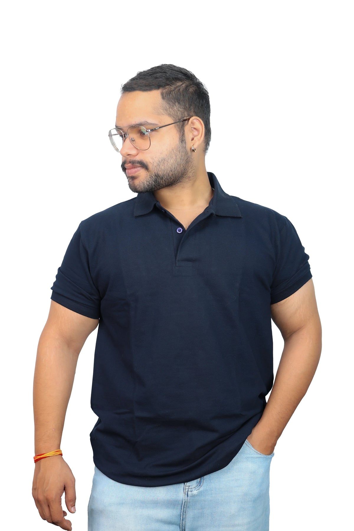 IndiThrob navy blue polo T-shirt front view with hands in pockets
