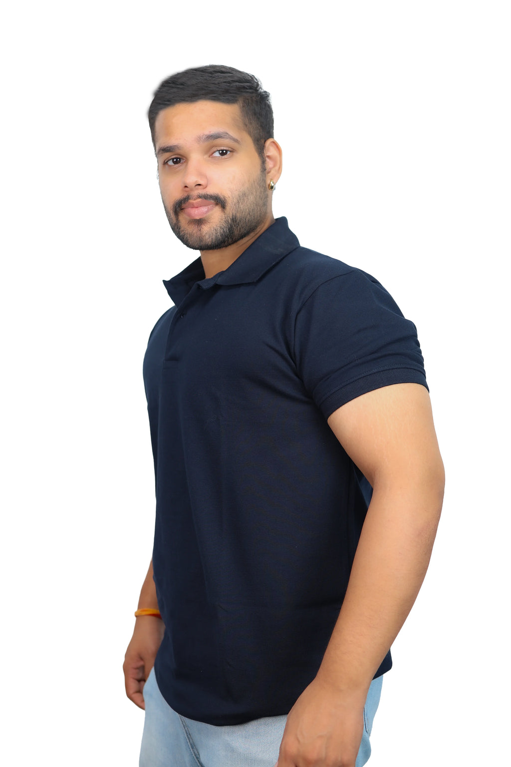 IndiThrob navy blue cotton lycra polo T-shirt side view