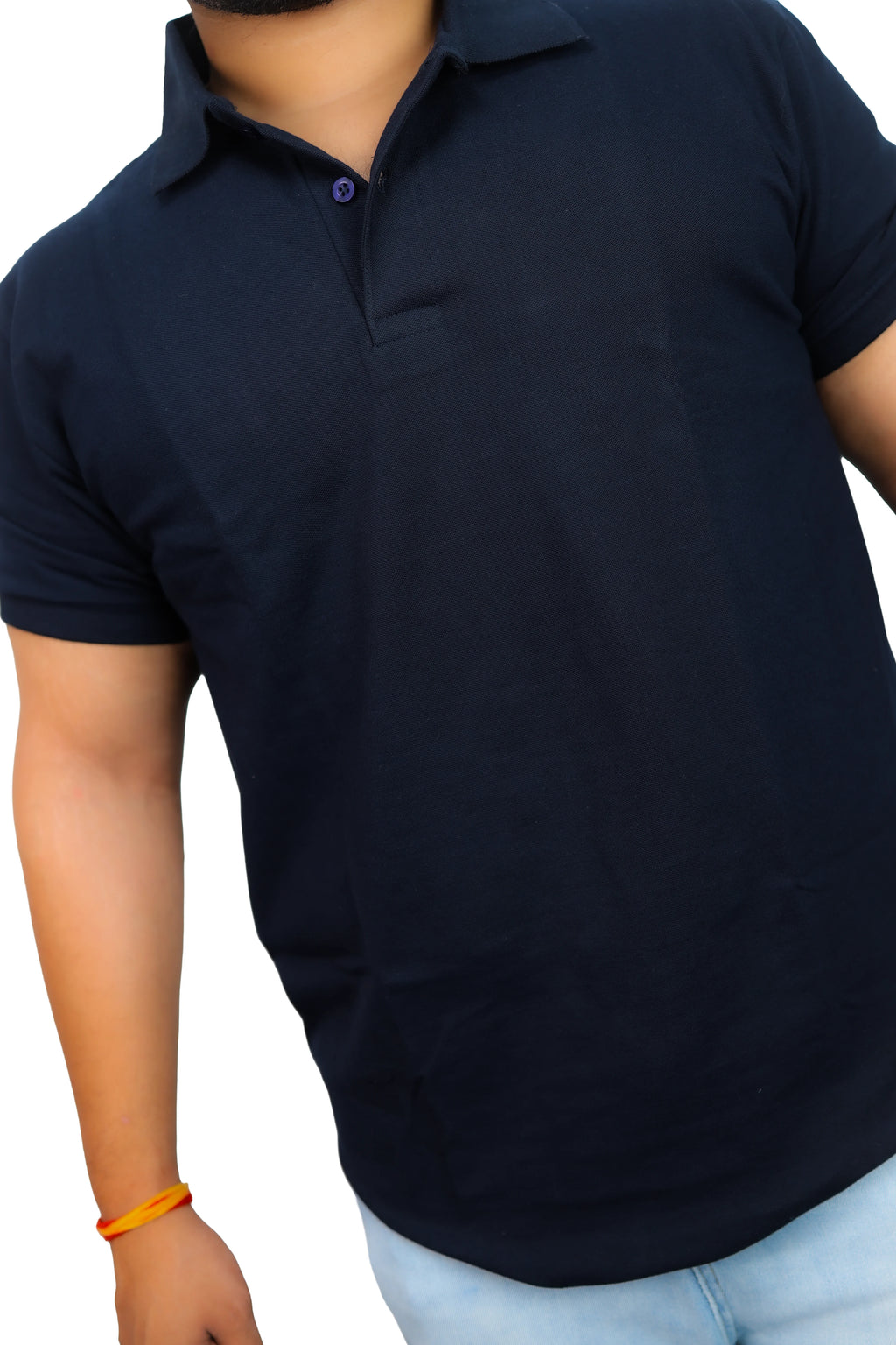 IndiThrob navy blue cotton lycra polo T-shirt fabric and collar detail