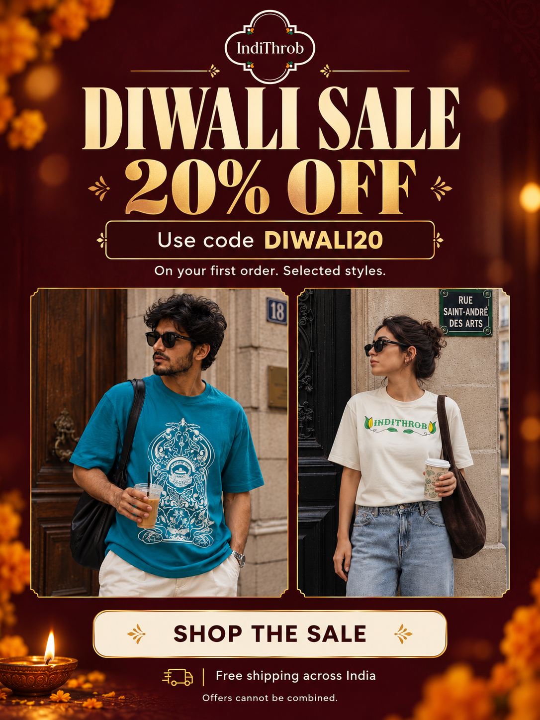 IndiThrob Diwali Sale: 20% off your first order on selected styles with code DIWALI20. Free shipping across India. Offers cannot be combined.